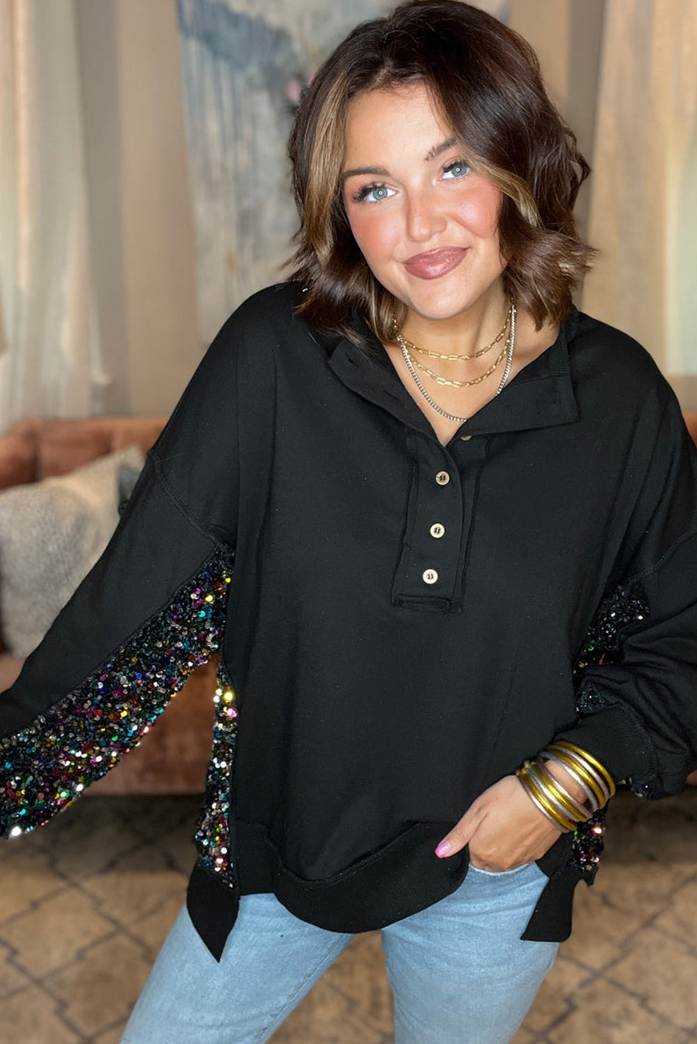 Black Sequin Patchwork High Low Hem Henley Sweatshirt