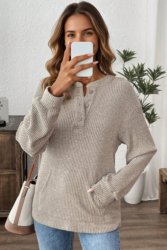 Simply Taupe Ribbed Texture Drop Shoulder Henley Knit Top