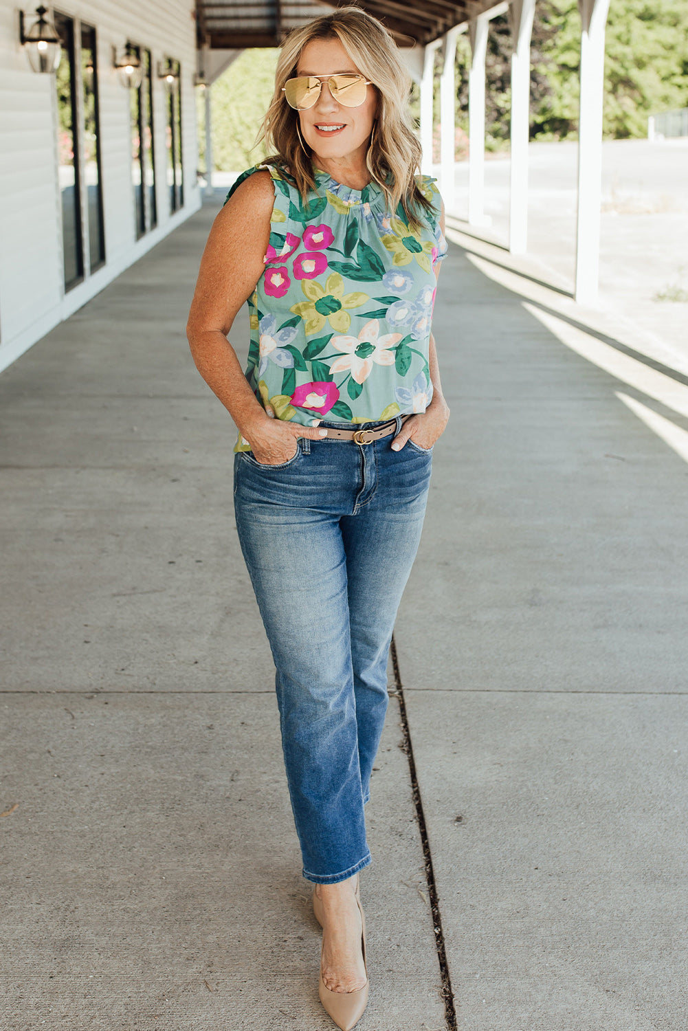 Green Floral Print Ruffle Trim Tank Top