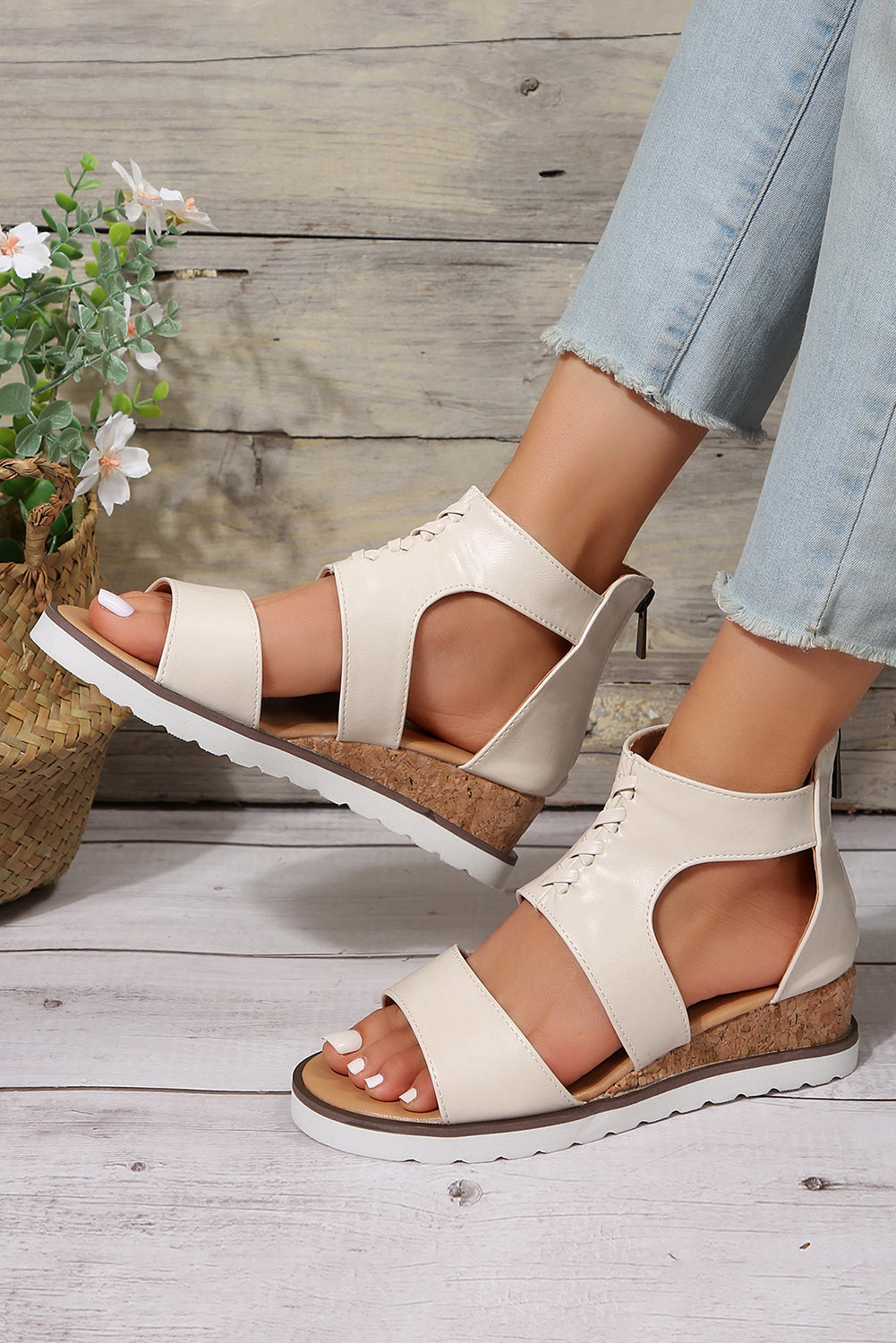 White Crisscross Detail Hollowed Leather Gladiator Sandals