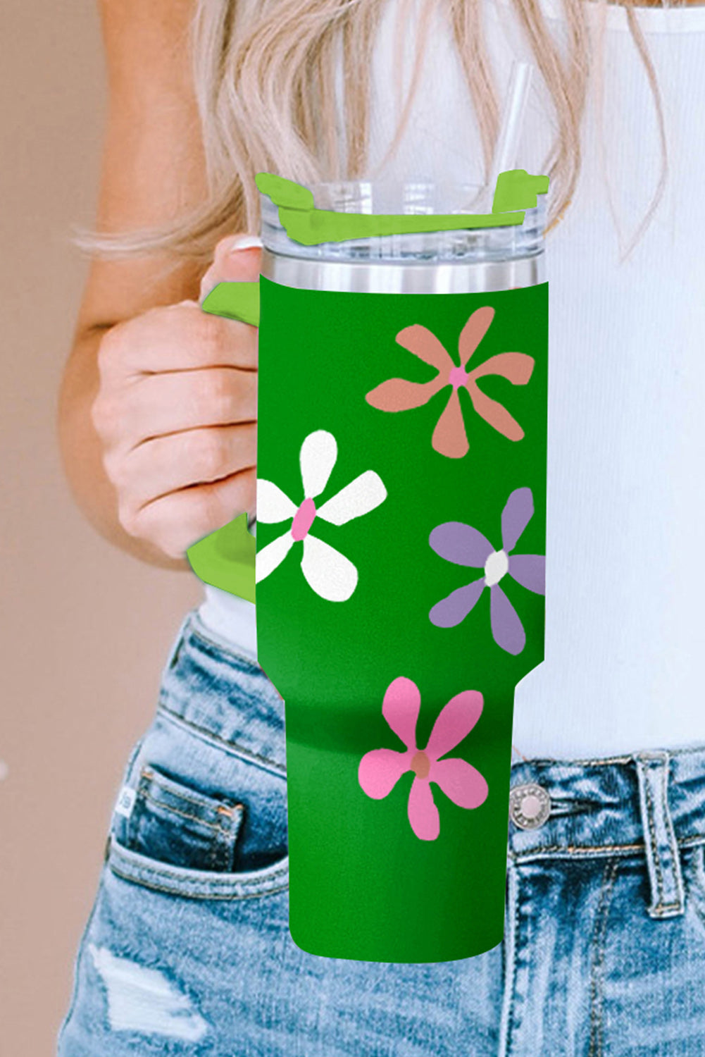 Dark Green Floral Print Stainless Steel Tumbler with Handle 40oz
