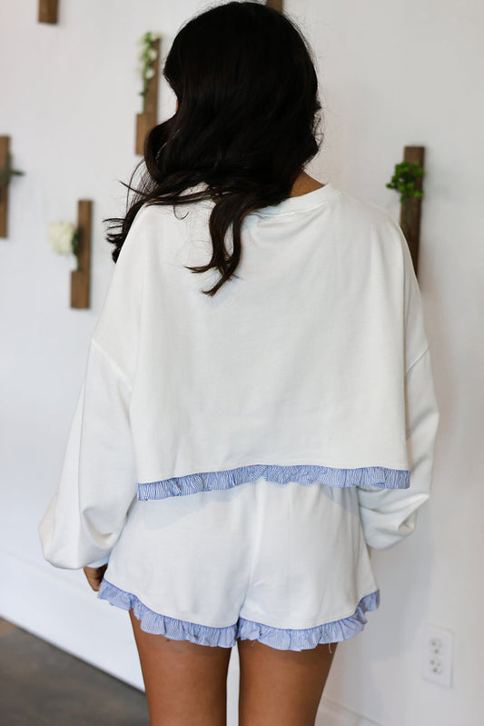 White Plaid Ruffled Patchwork Drop Shoulder Pullover and Drawstring Elastic Waist Shorts Matching Set