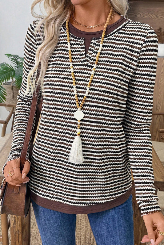 Brown Faux Two Piece Textured Striped Round Neck Long Sleeve T Shirt