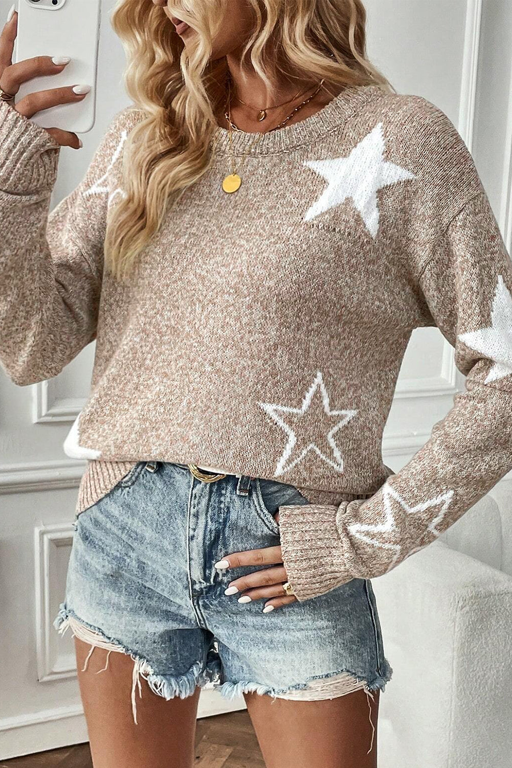 Khaki Star Pattern Drop Shoulder Sweater