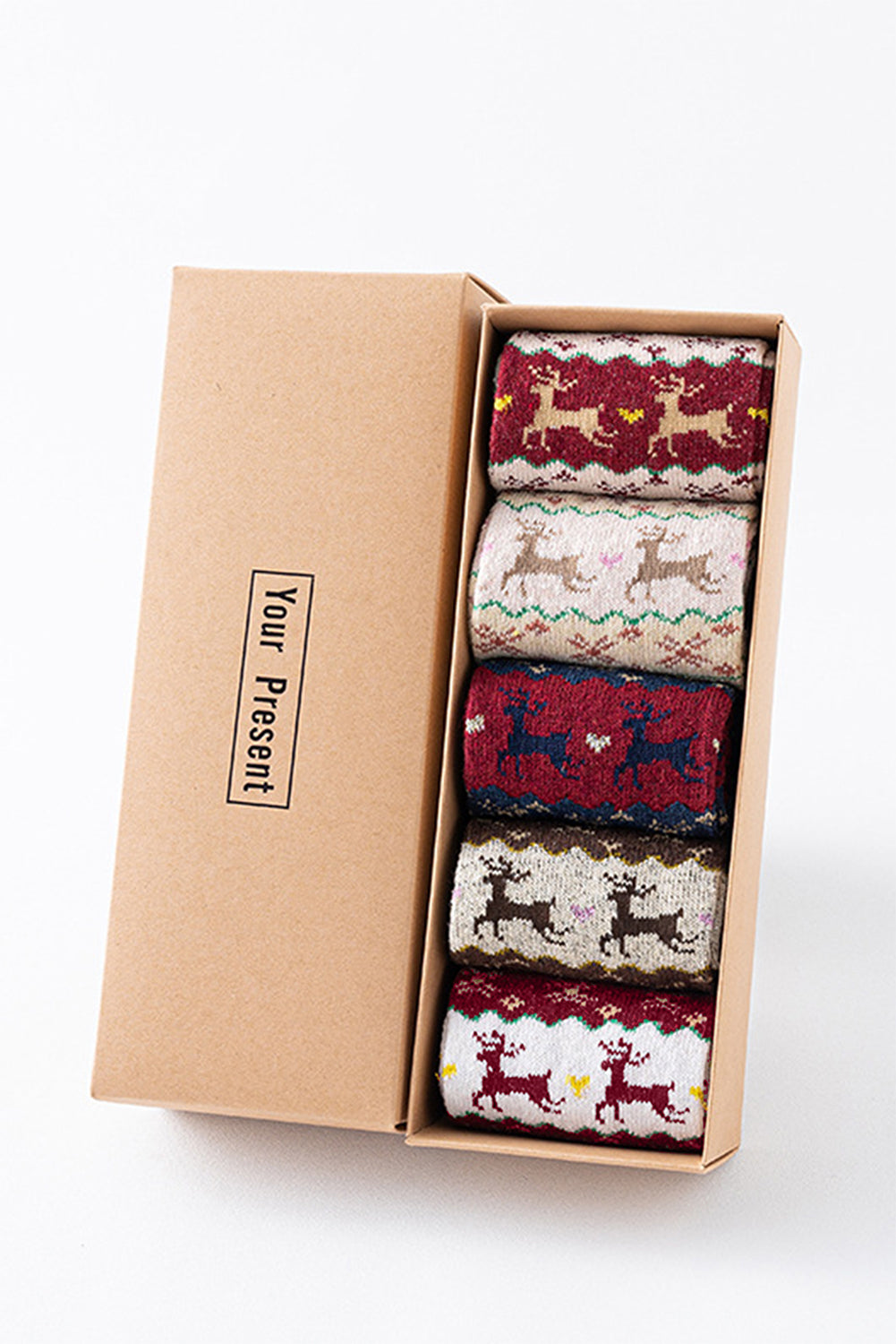 Parchment 5 Pairs Christmas Fashion Reindeer Geometric Print Socks in A Box