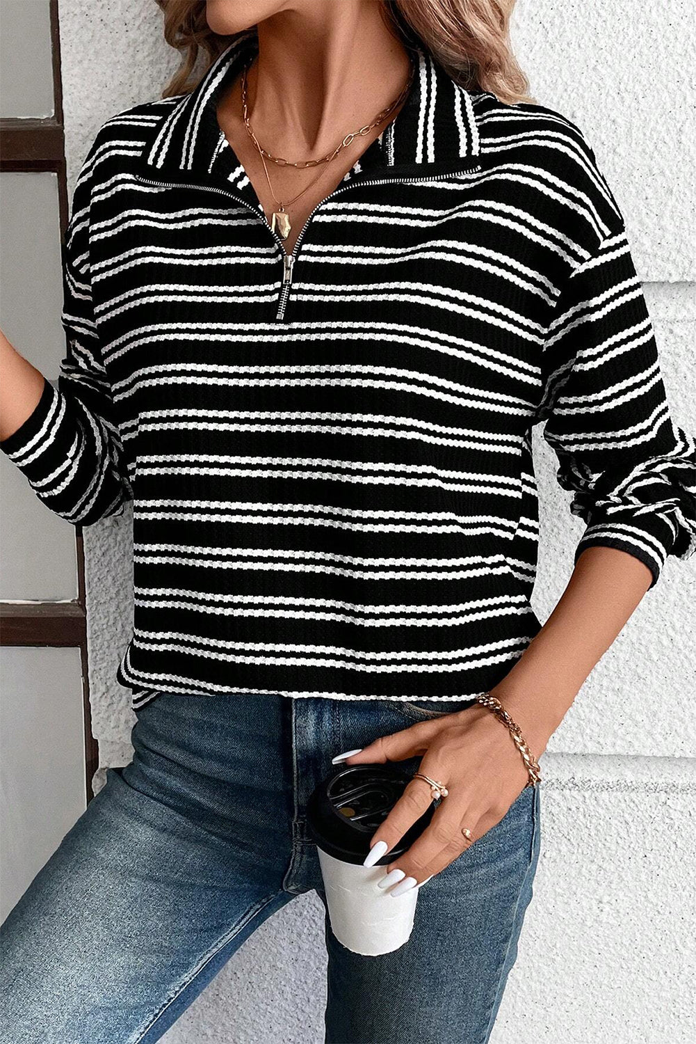 Black Stripe Textured Quarter Zip Collar Long Sleeve Top