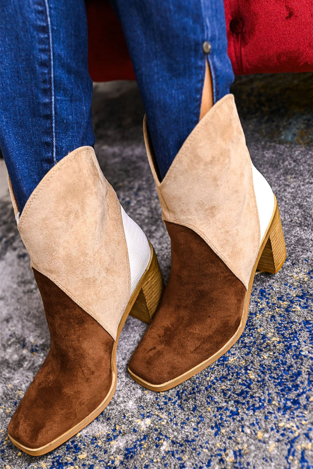 Chestnut Colorblock Suede Heeled Ankle Booties