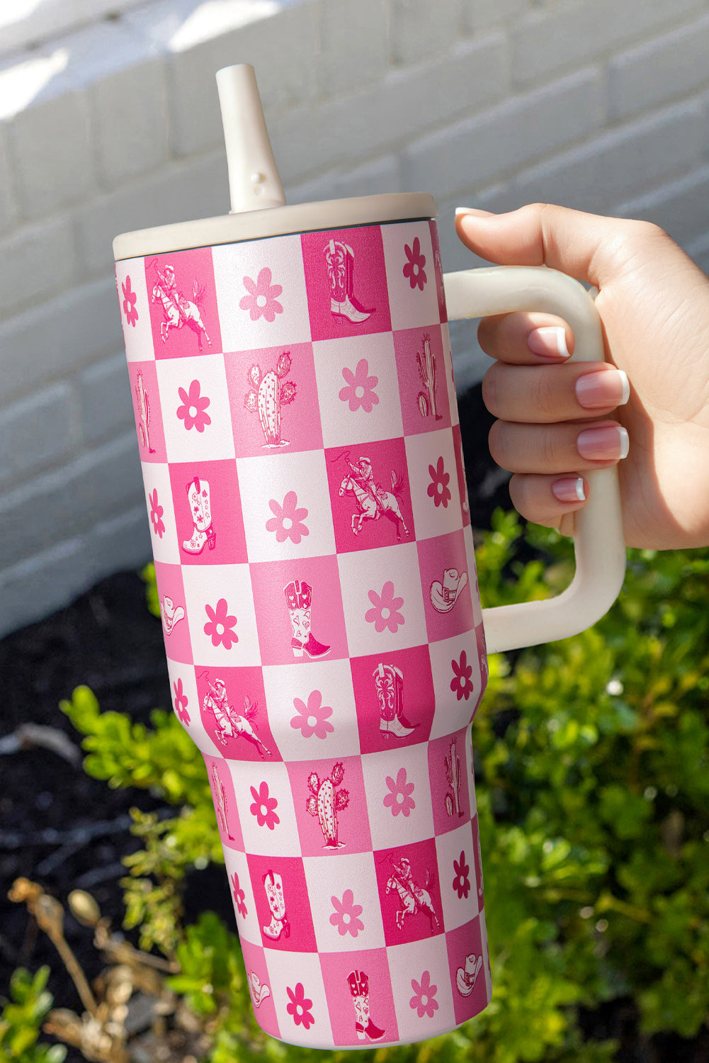 Rose Red Western Pattern Flower Checkered Print Insulated Tumbler 40OZ