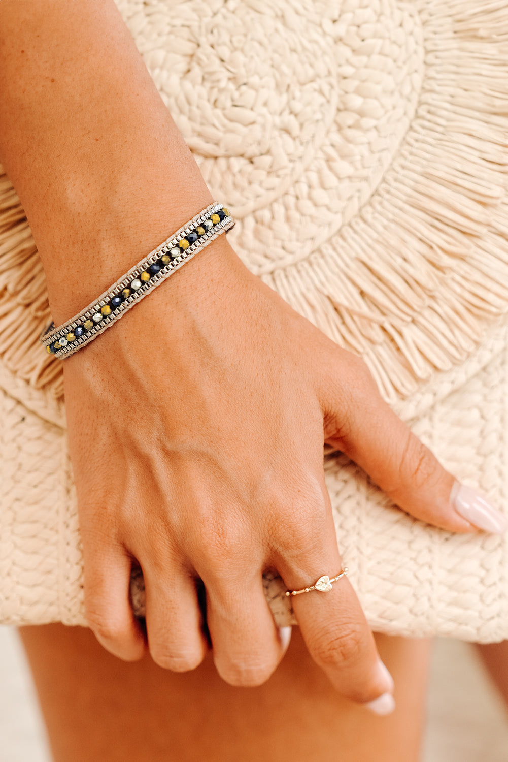 Mustard Adjustable Draw-cord Crystal Beading Bracelet
