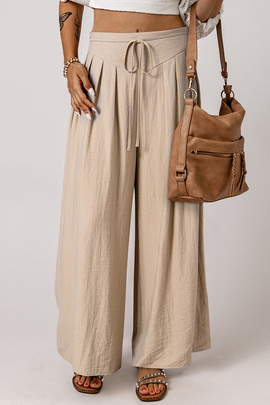 Beige Drawstring Waist Pleated Wide Leg Casual Pants