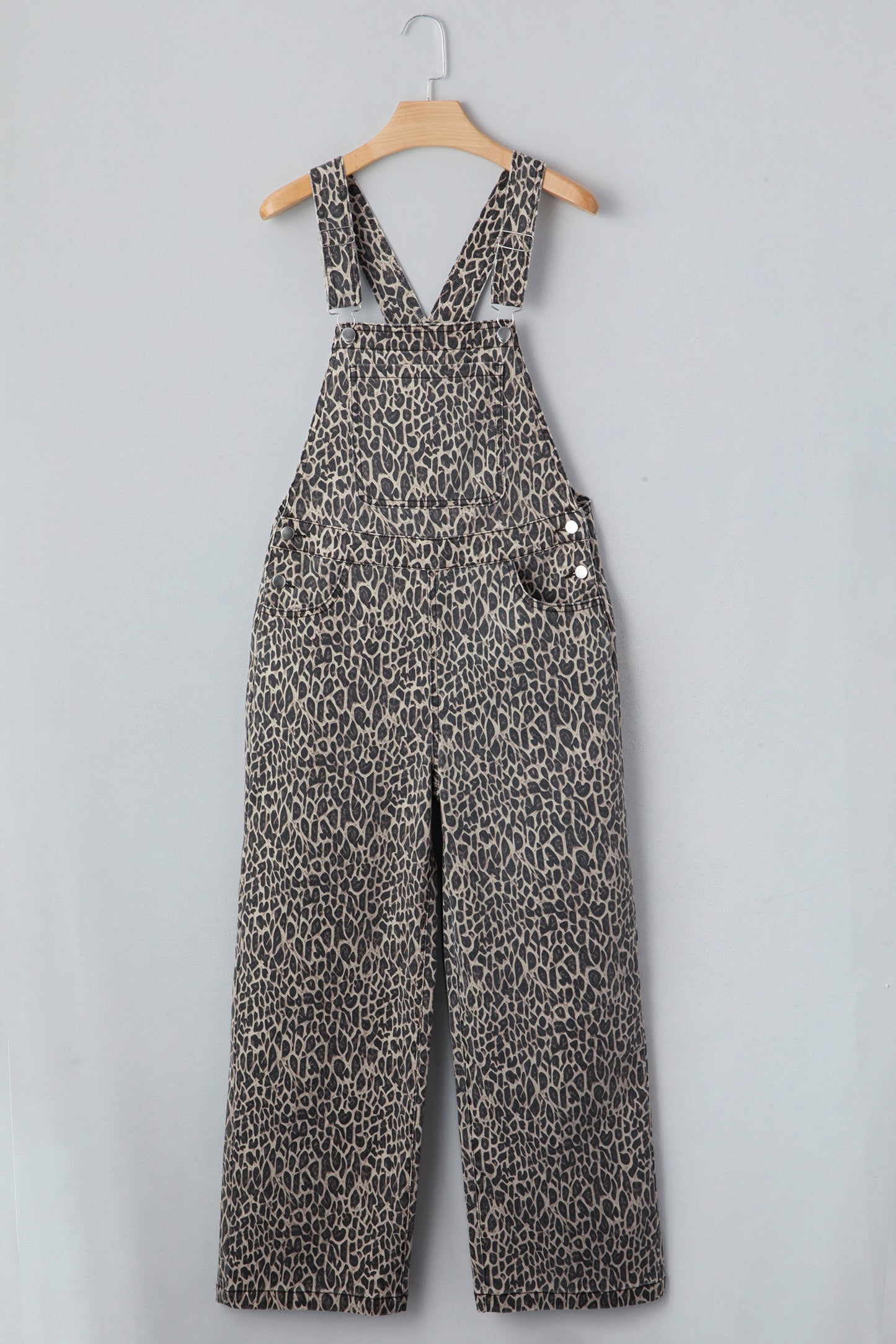 Brown  Leopard Print Straight Leg Loose Denim Overall Jumpsuit