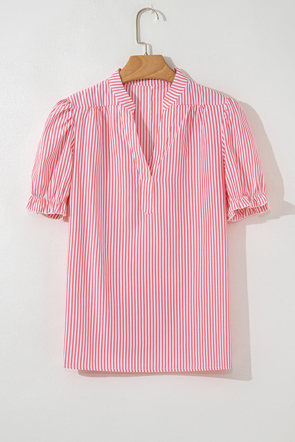 Pink Stripe Notched Neck Frilled Short Puff Sleeve Blouse