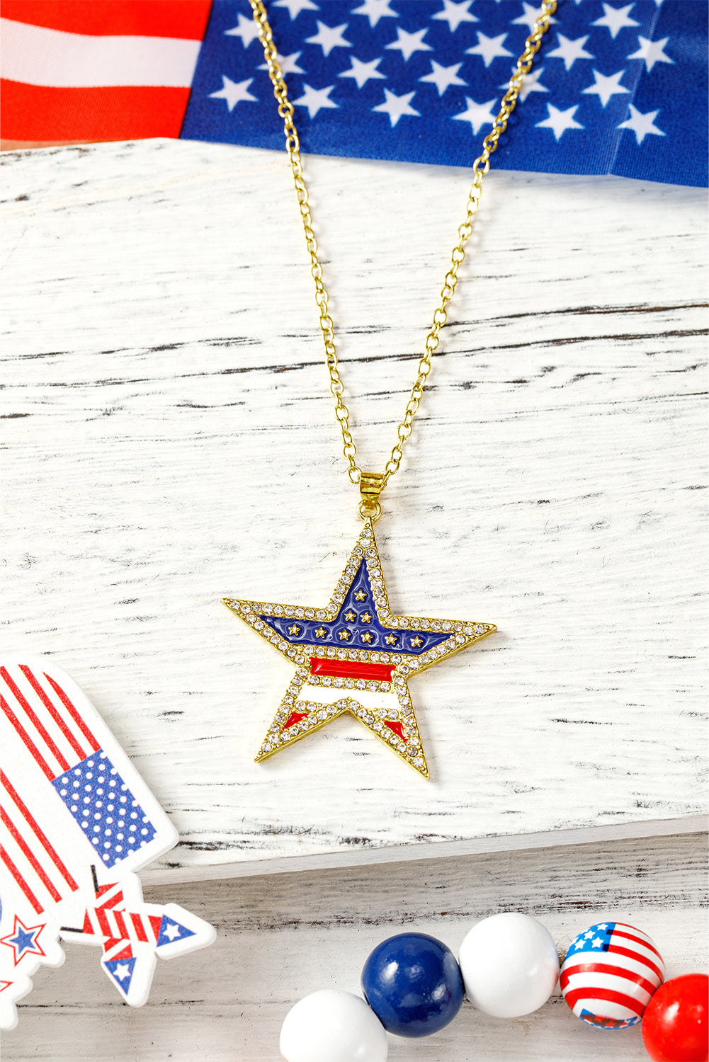 Gold Rhinestone American Flag Star Necklace