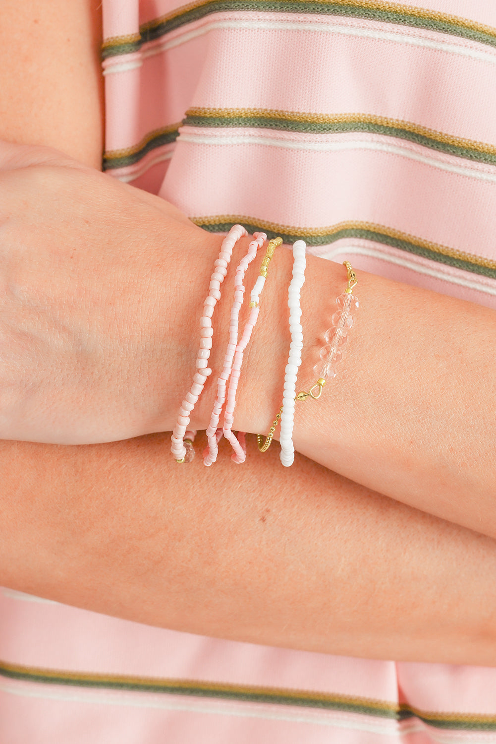 Pink Pearl Crystal Bead Detail 5pcs Elastic Bracelet Set