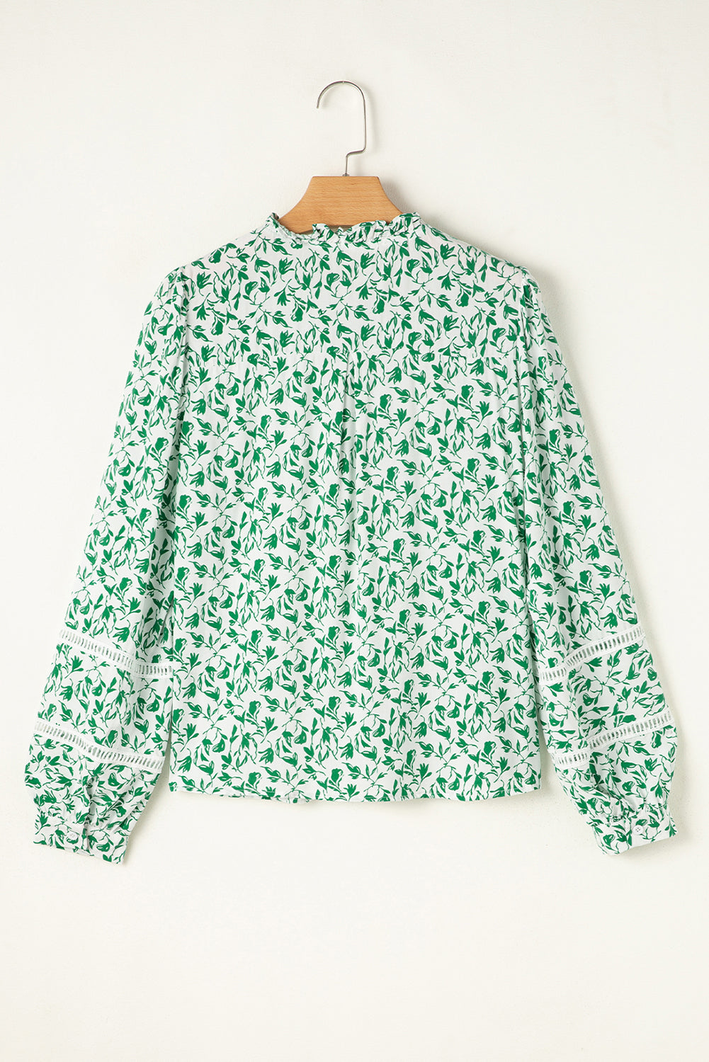 Green Printed Lace Detail Floral Puff Sleeve Fall Shirt