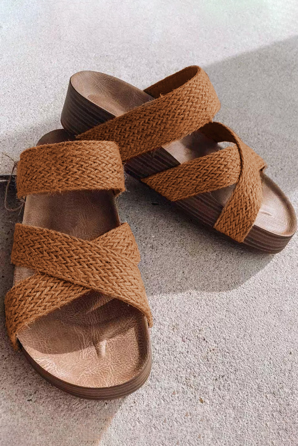 Brown Woven Cross Criss Hollowed Slip-On Slippers