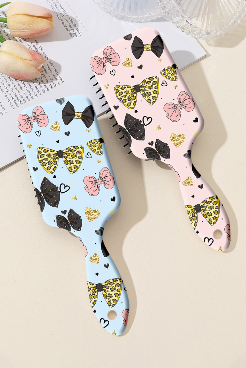 Pink Leopard Diverse Bow Printed Large Detangle Comb