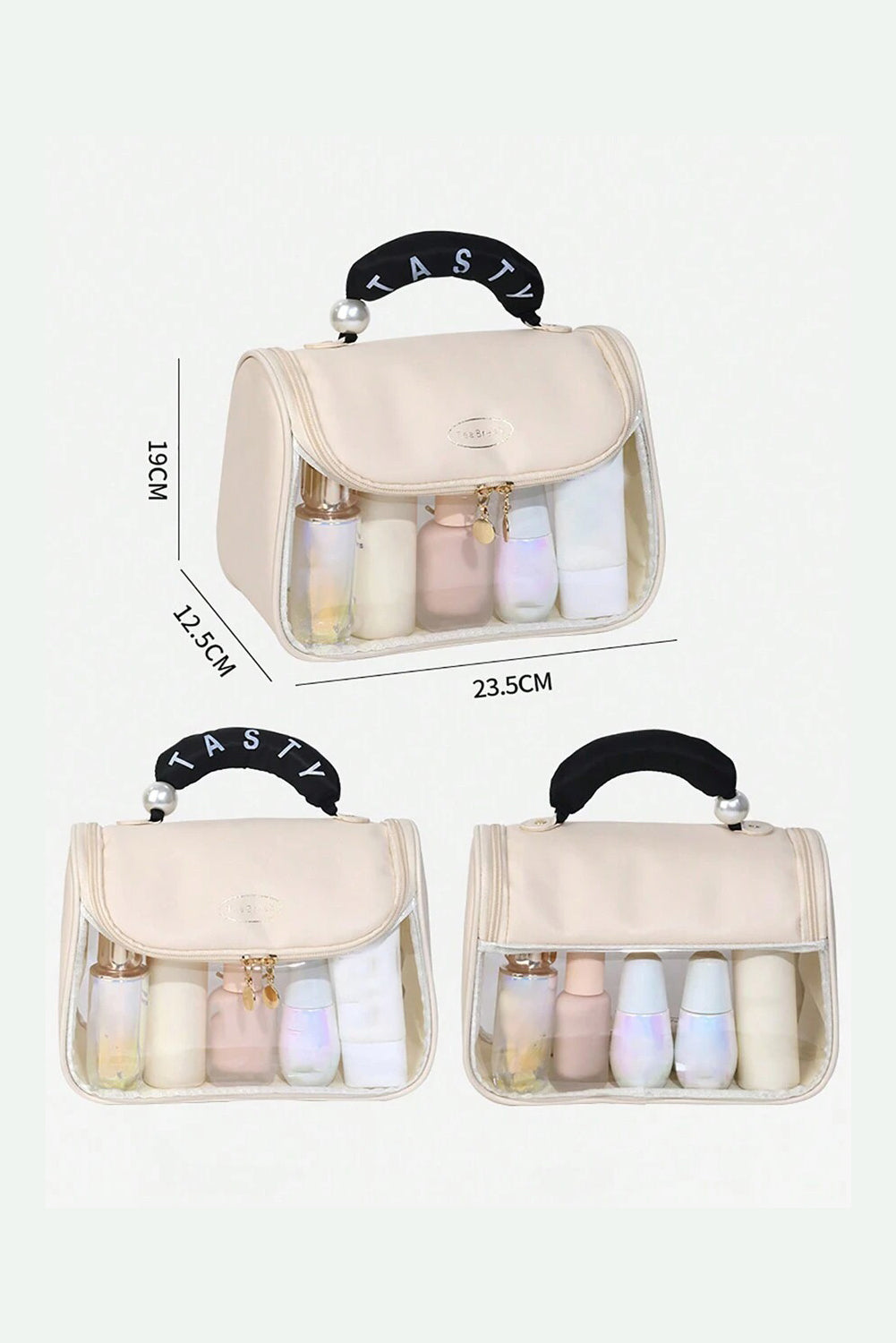 Beige TASTY Print Handle Inside Pocket Clear Makeup Bag