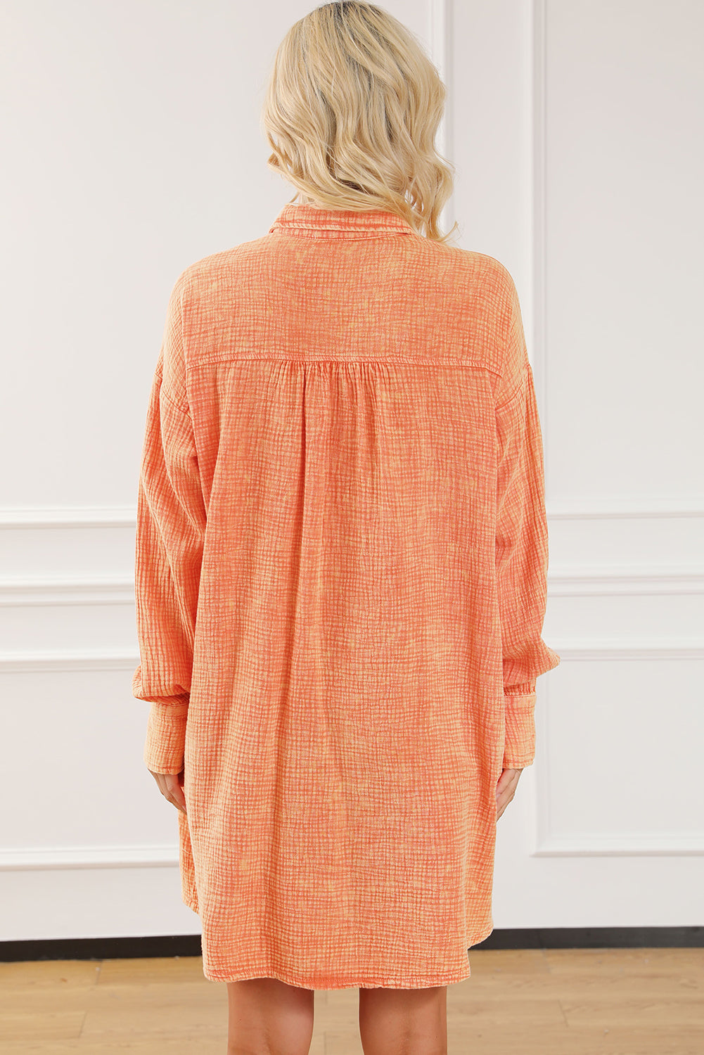 Orange Crinkled Dual Chest Pocket Oversized Shirt Dress