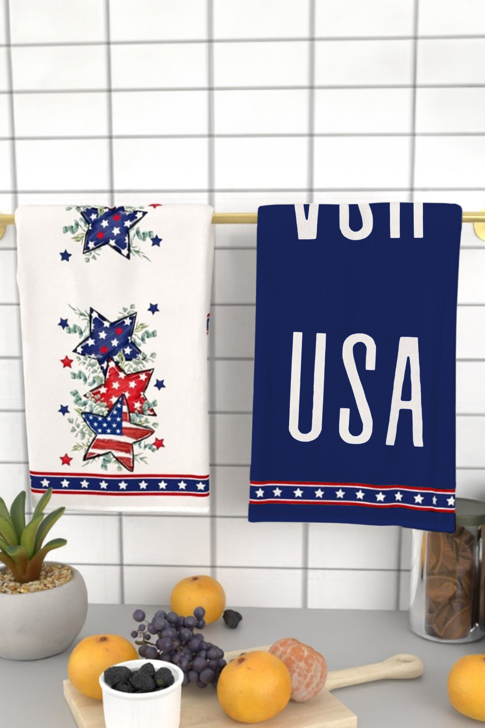 White 2pcs/set American Flag Star Leaves Print Soft Towel