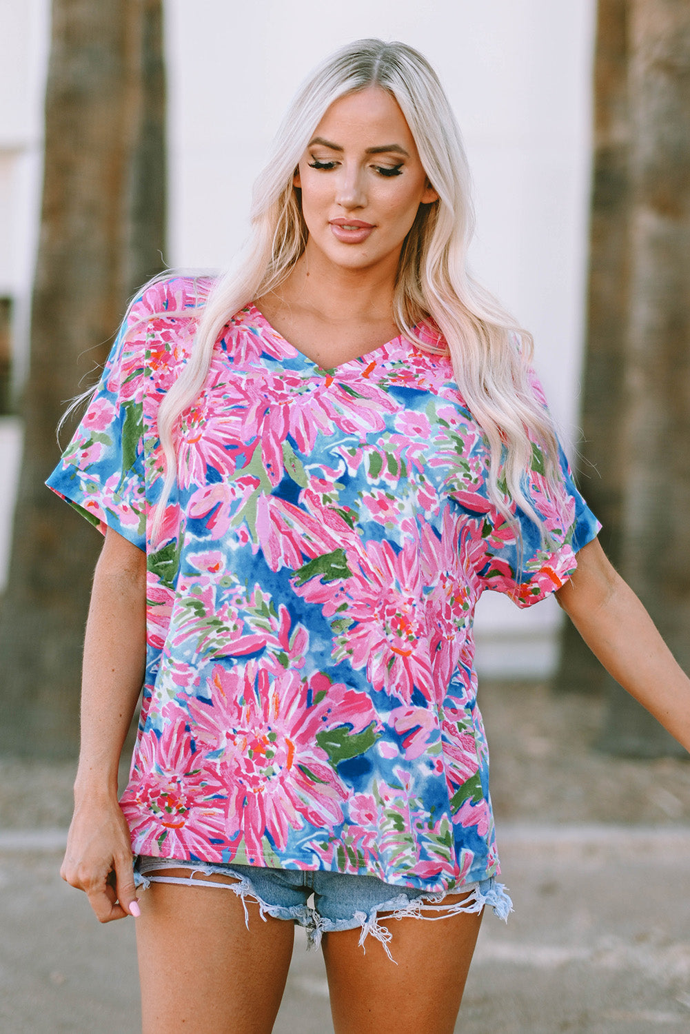 Pink Floral Print Loose Fit V Neck T Shirt