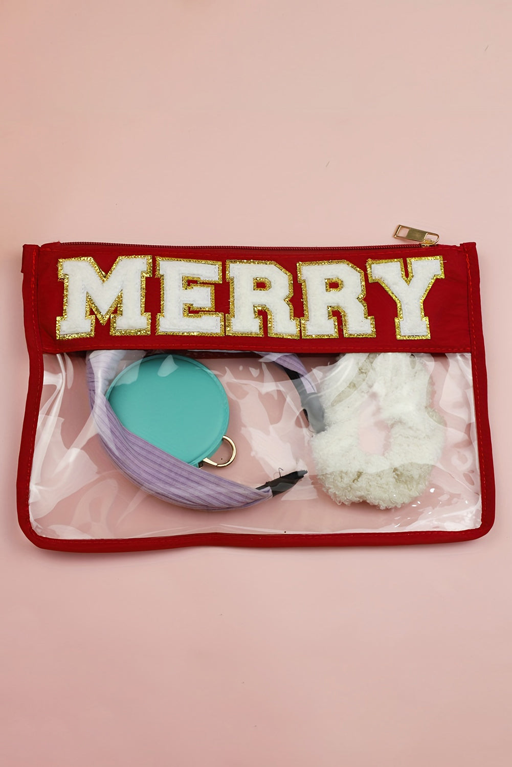 Red MERRY Contrast Trim Clear Makeup Bag