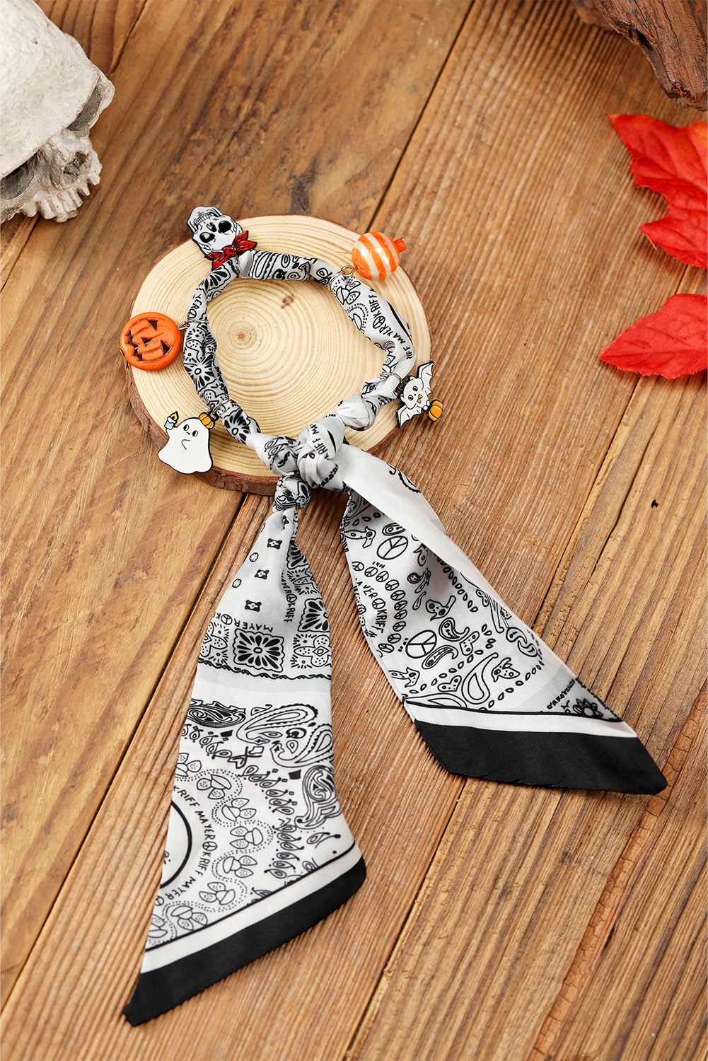 White Boho Printed Knot Scarf Halloween Pumpkin Ghost Charm Necklace