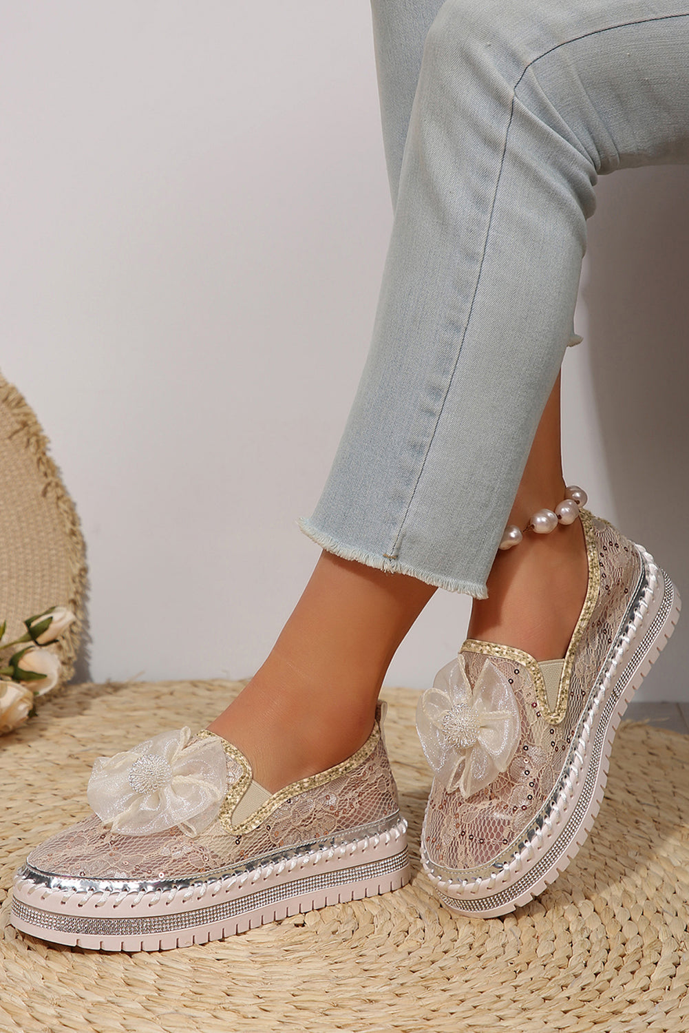 White Glossy Bow Decor Breathable Lace Loafer Shoes