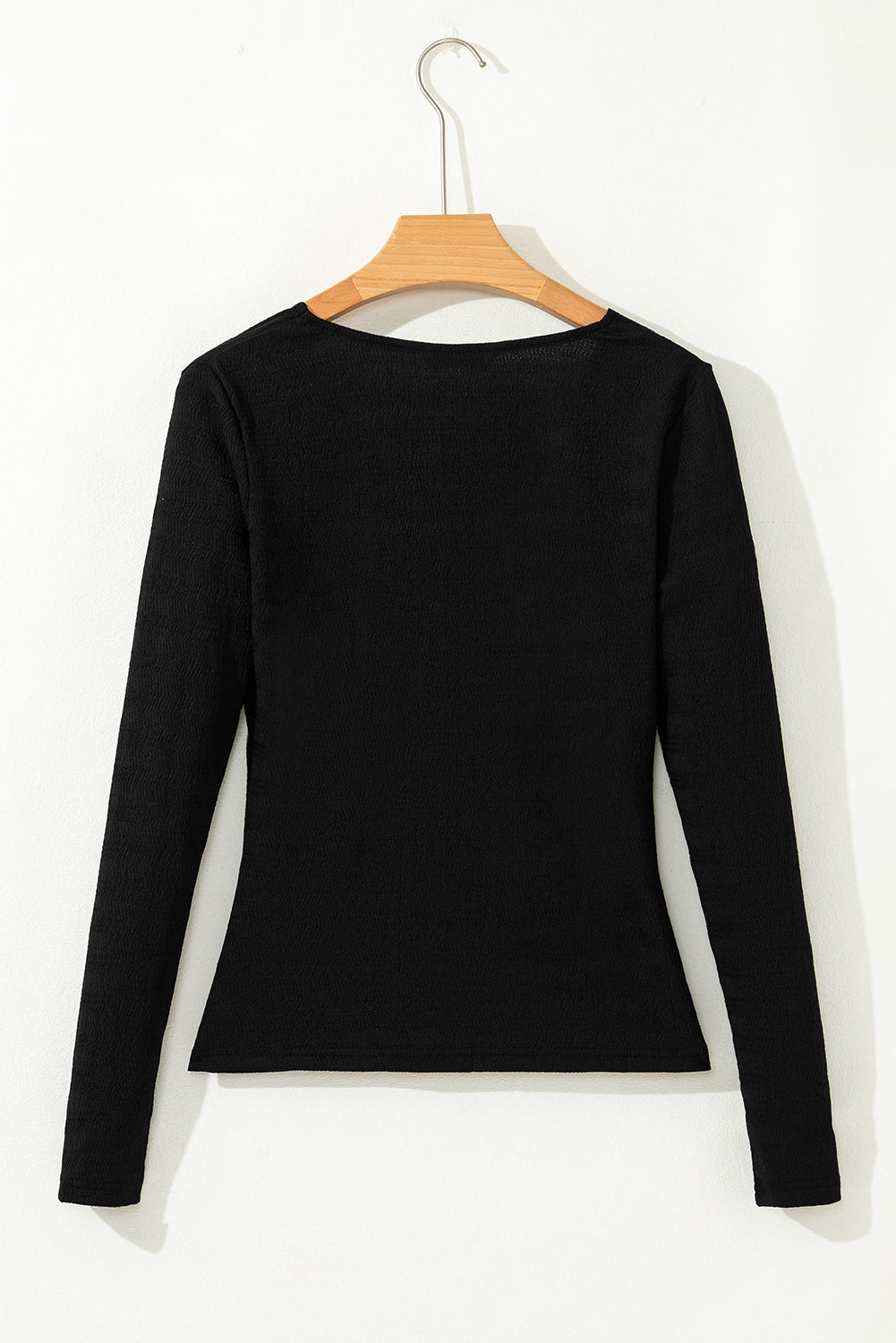 Black Textured Twist Front V Neck Long Sleeve Slim Solid Color Top