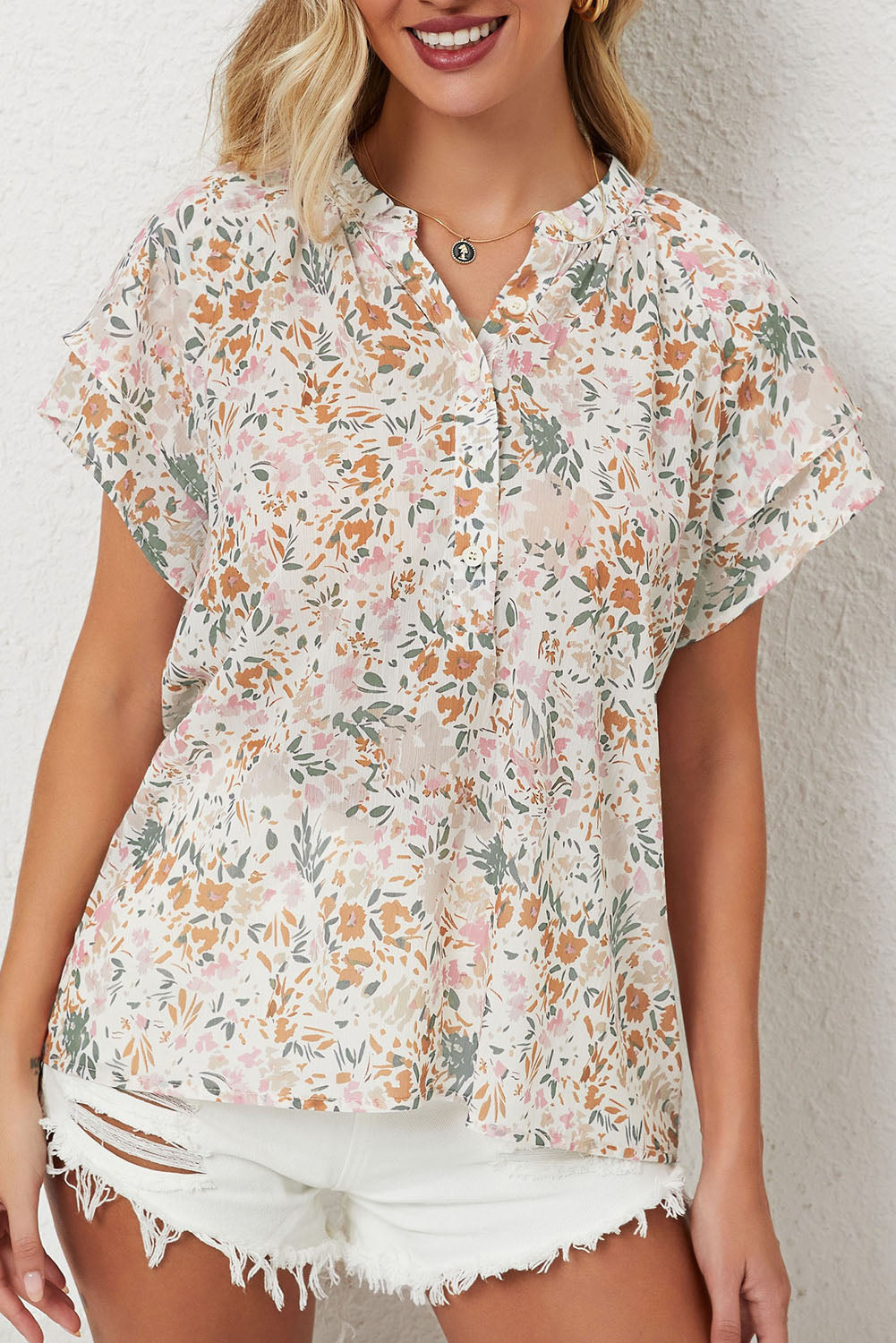 Multicolor Floral Mandarin Collar Top