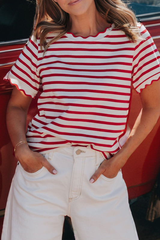 Red Stripe Scalloped Trim Round Neck T Shirt