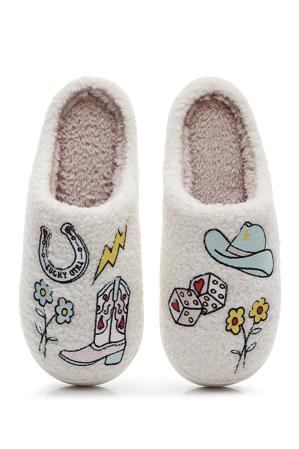 White Asymmetric Embroidered Pattern Cowgirl Plush House Slippers