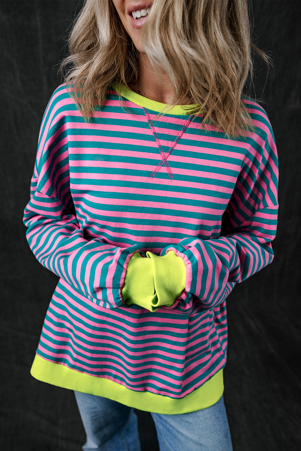 Green Stripe Oversized Contrast Trim Pullover Sweatshirt