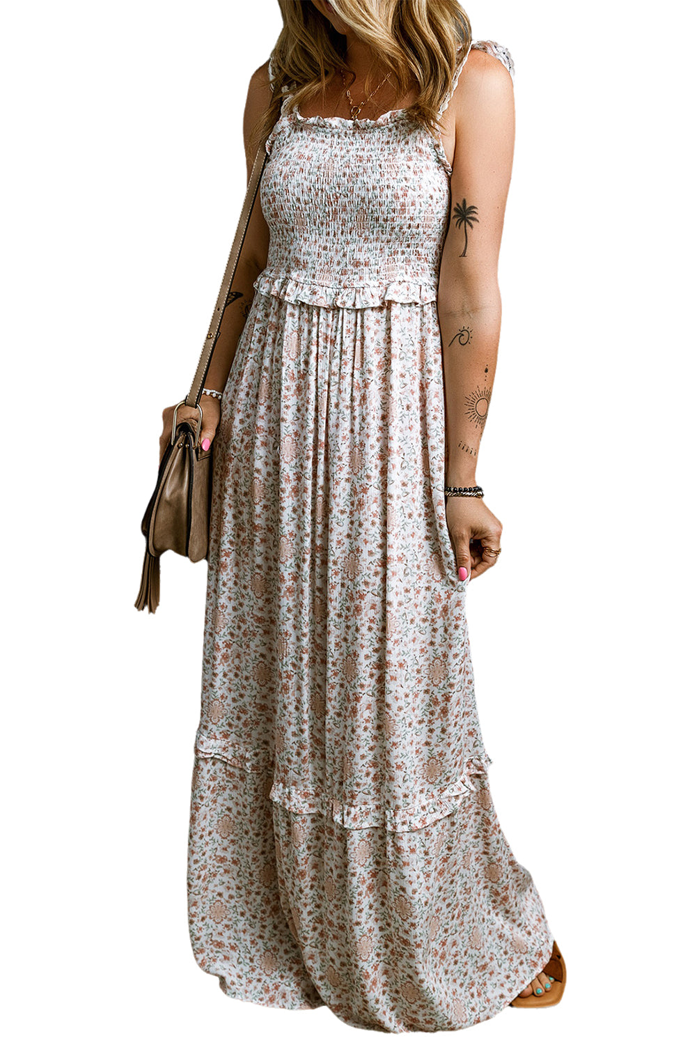 White Lace Frilly Straps Shirred Floral Maxi Dress