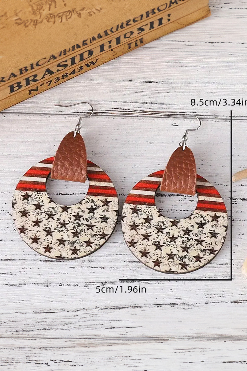 White Flag Print Round Wooden Dangle Earrings