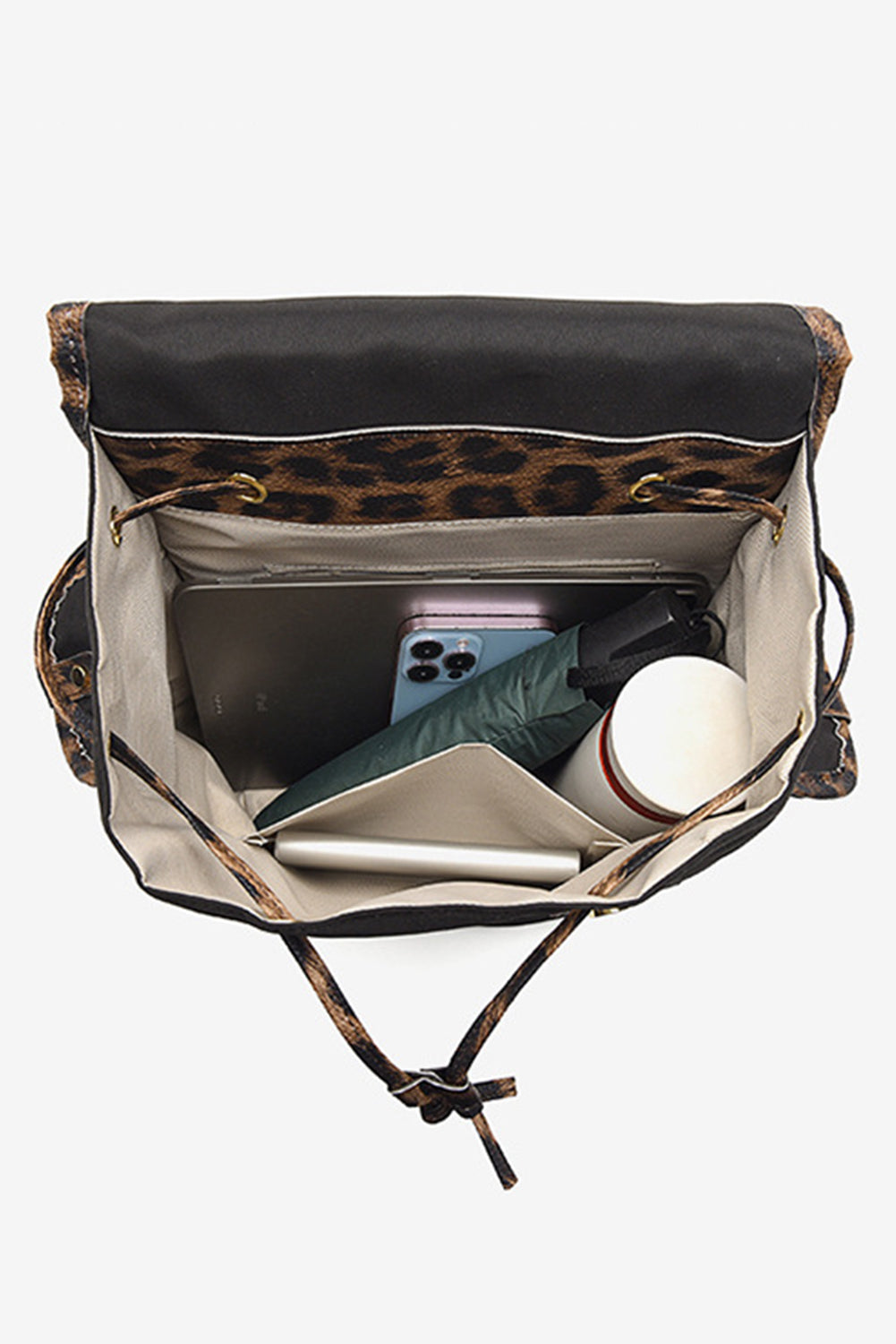 White Leopard Patchwork Flap PU Leather Large Backpack