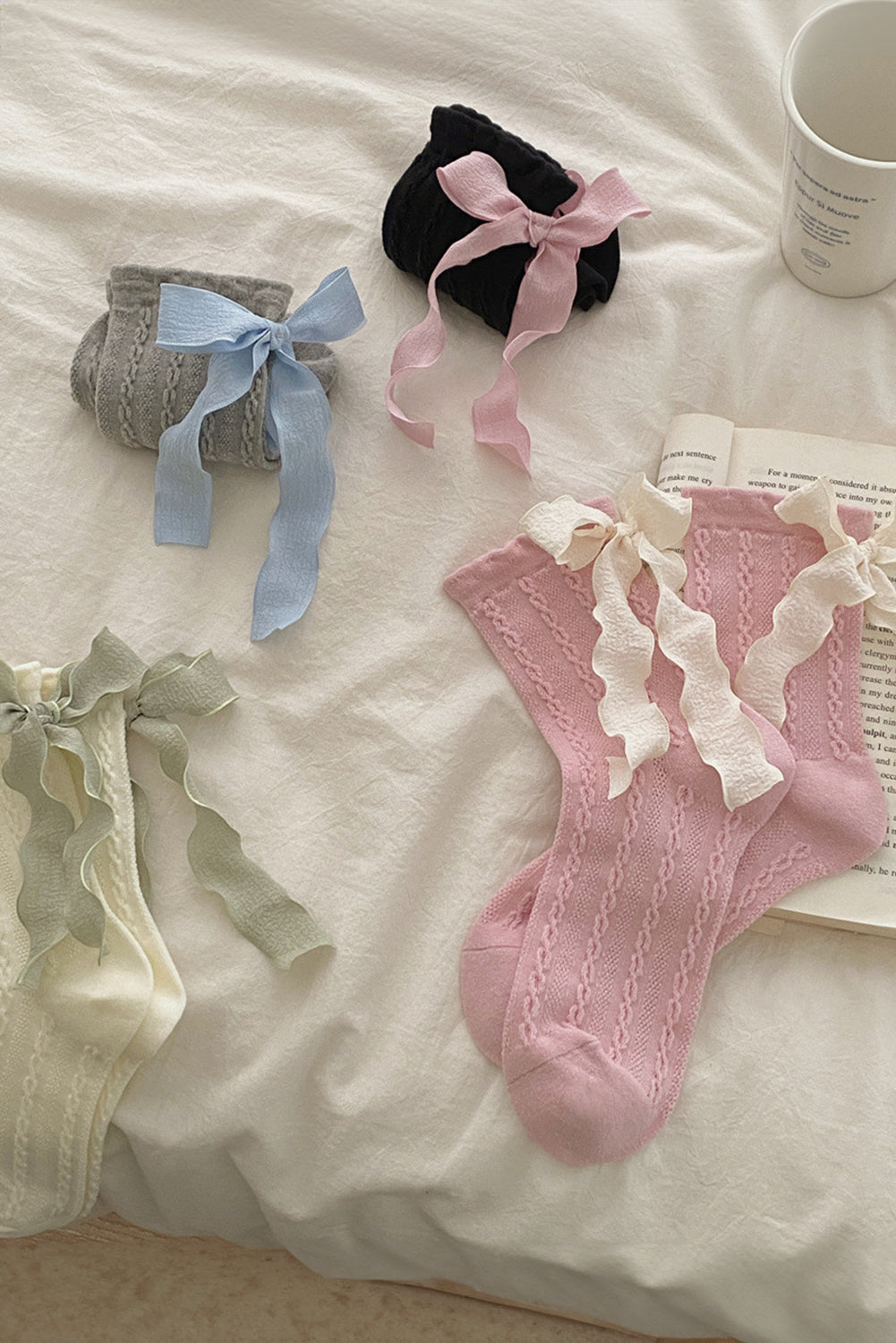Pink 5 Pairs Contrast Ribbon Bow Decor Textured Knit Socks