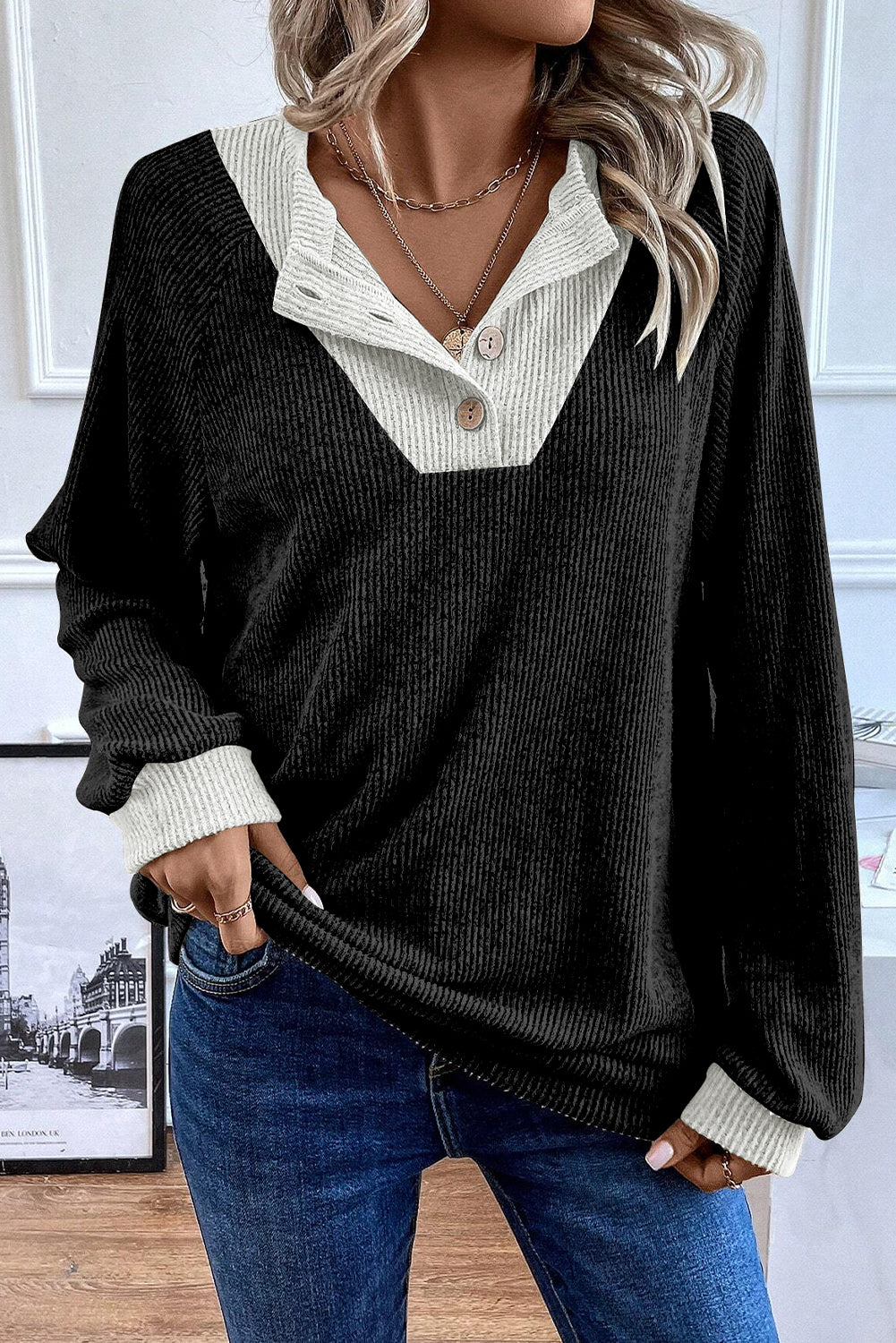 Black Color Contrast Ribbed Loose Fit Long Sleeve Top