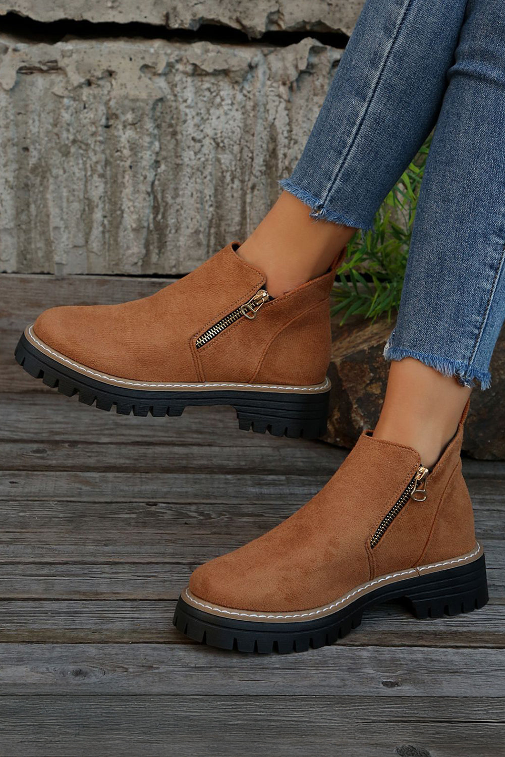 Chestnut Faux Suede Side Zip Ankle Boots