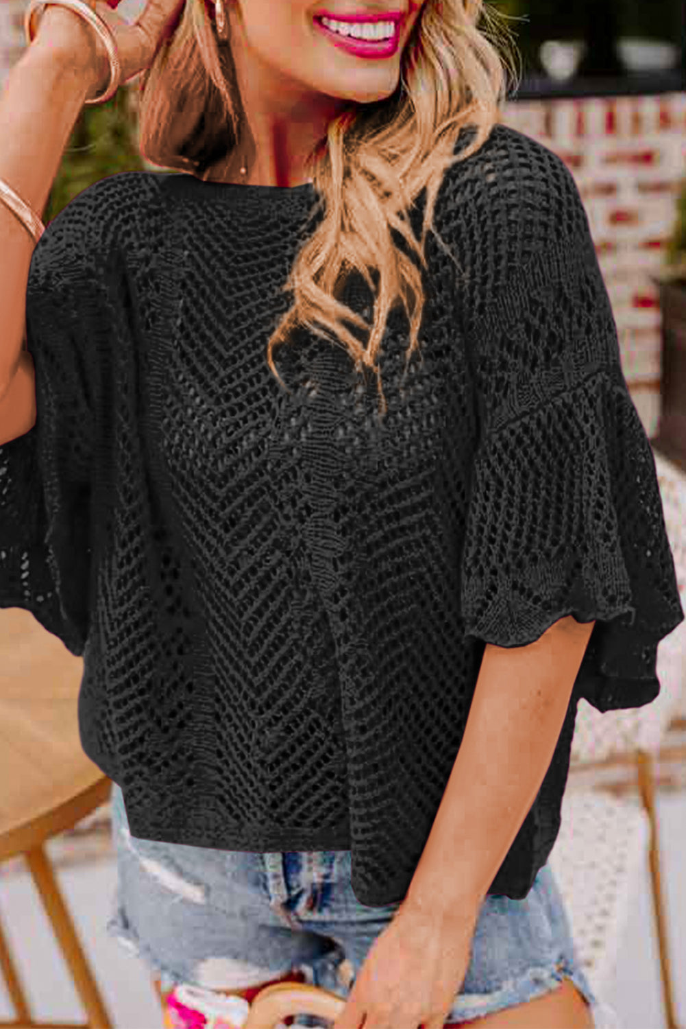 Black Pointelle Knit Scallop Edge Short Sleeve Top