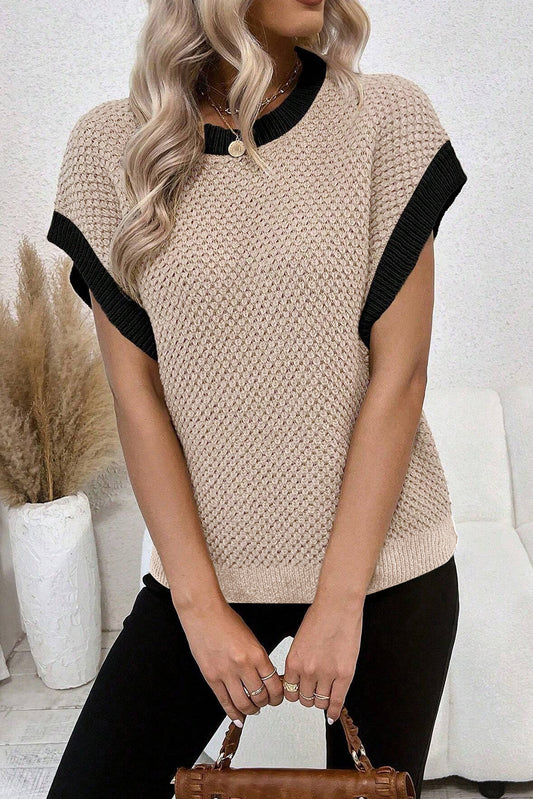 Light French Beige Contrast Trim Round Neck Batwing Sleeve Sweater Top