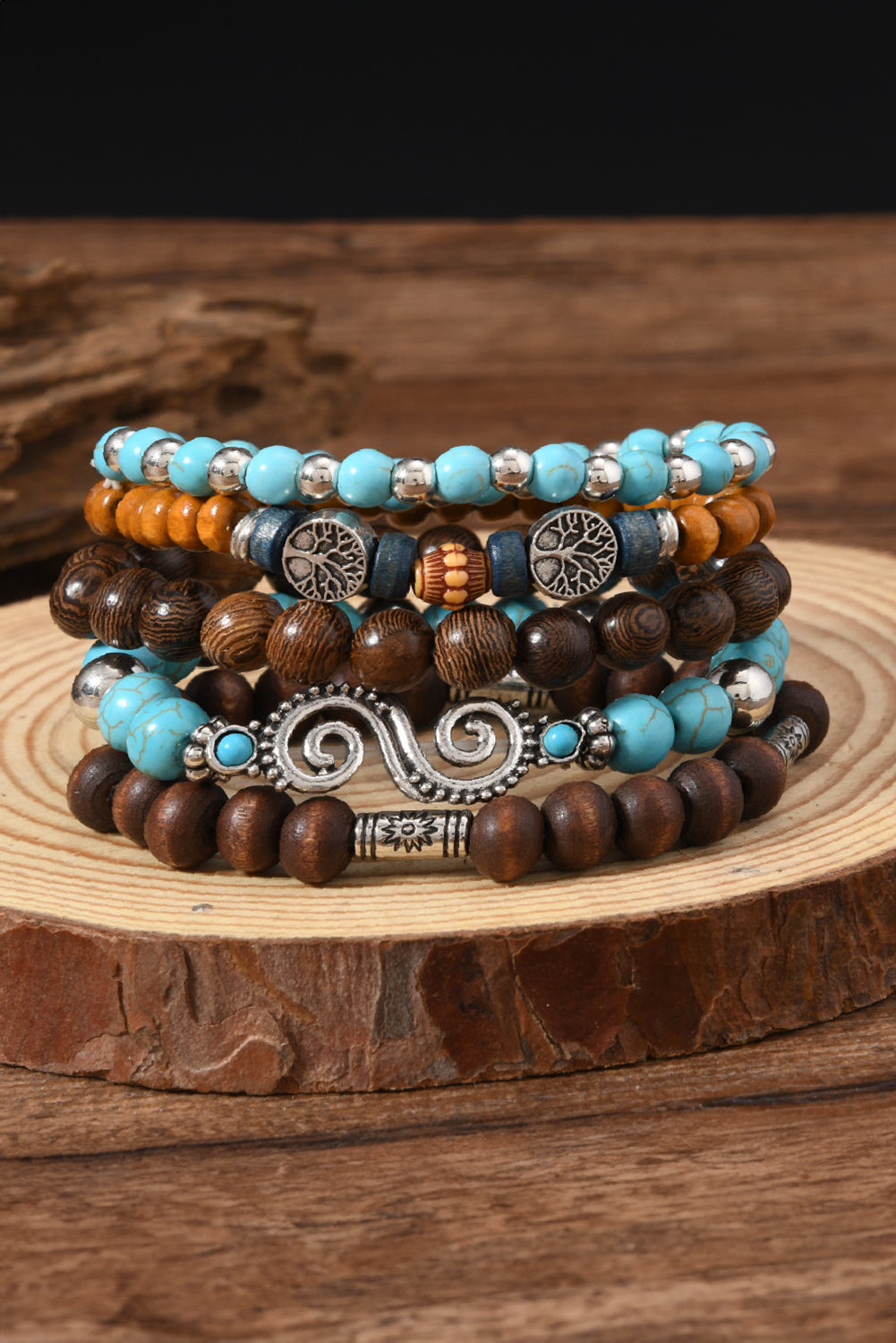 Cinnamon Boho 5pcs Turquoise Wood Beaded Elastic Bracelet Set