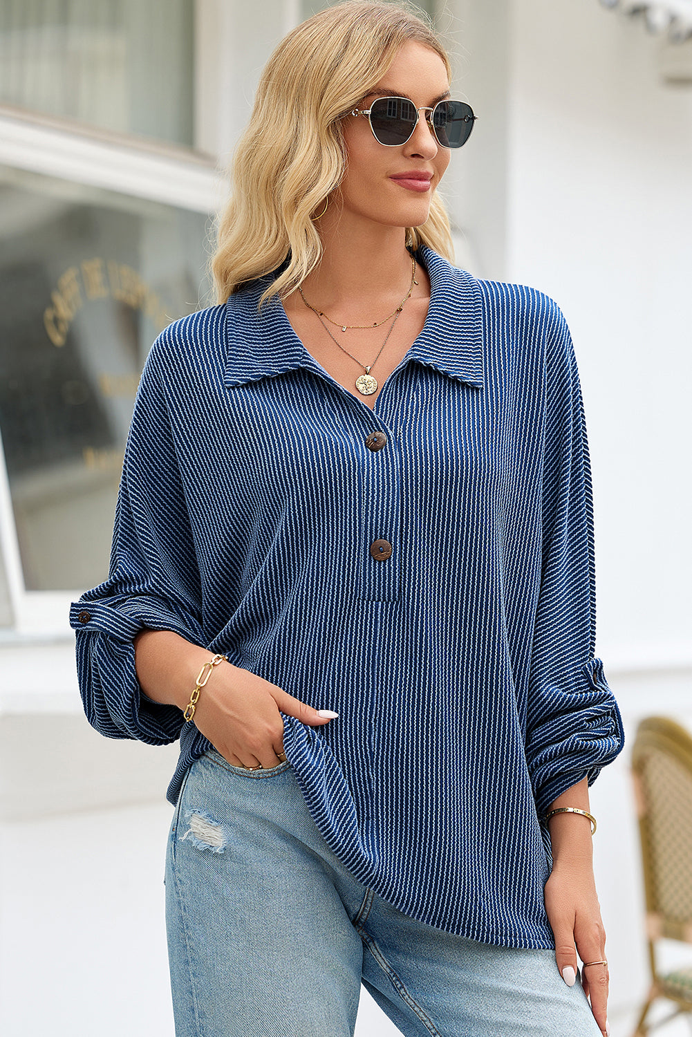 Navy Blue Oversized Twist Ribbed Collared Henley Top with Roll up Sleeve