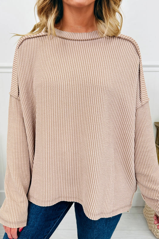 Parchment Twist Ribbed Exposed Seam Detail Long Sleeve Loose Top