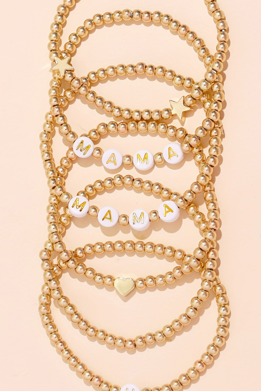 Gold 6Pcs MAMA Heart Star Shape Beaded Bracelet Set