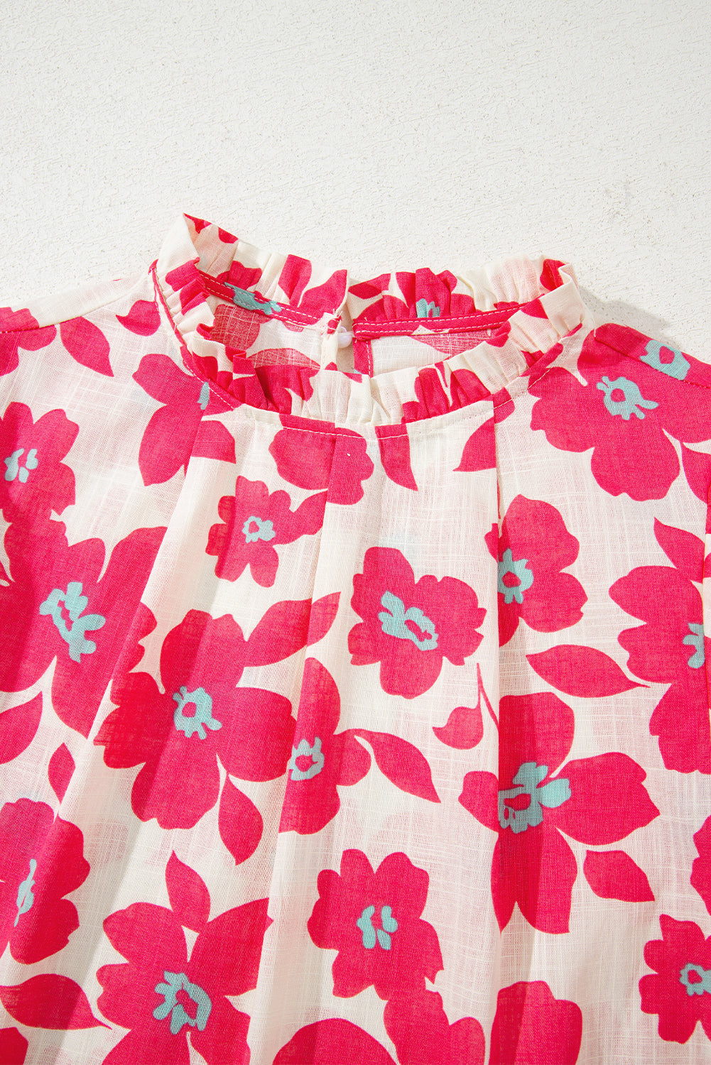 Pink Frilled Neck Short Puff Sleeve Floral Blouse