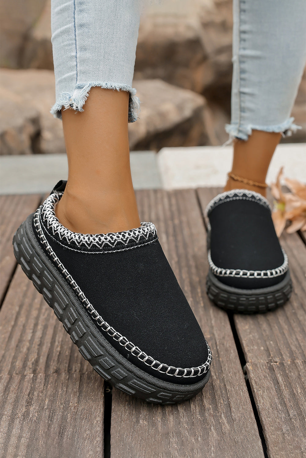 Black Contrast Stitch Detail Faux Suede PU Patchwork Plush Winter Clog Slippers