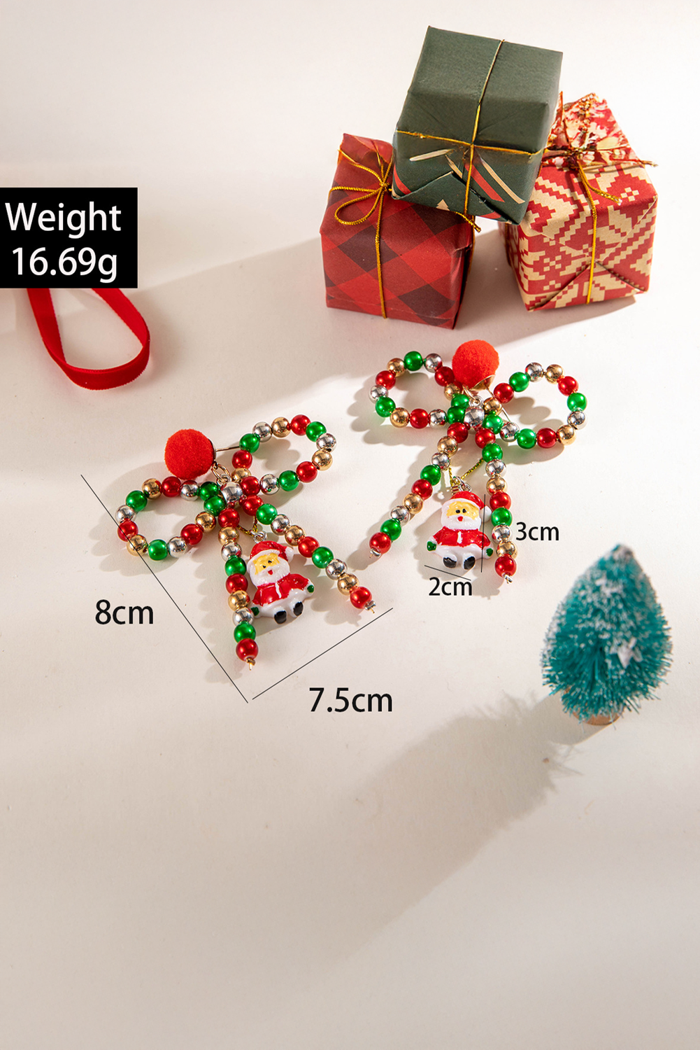 Racing Red Christmas Santa Pendant Beaded Bow Knot Stud Earrings