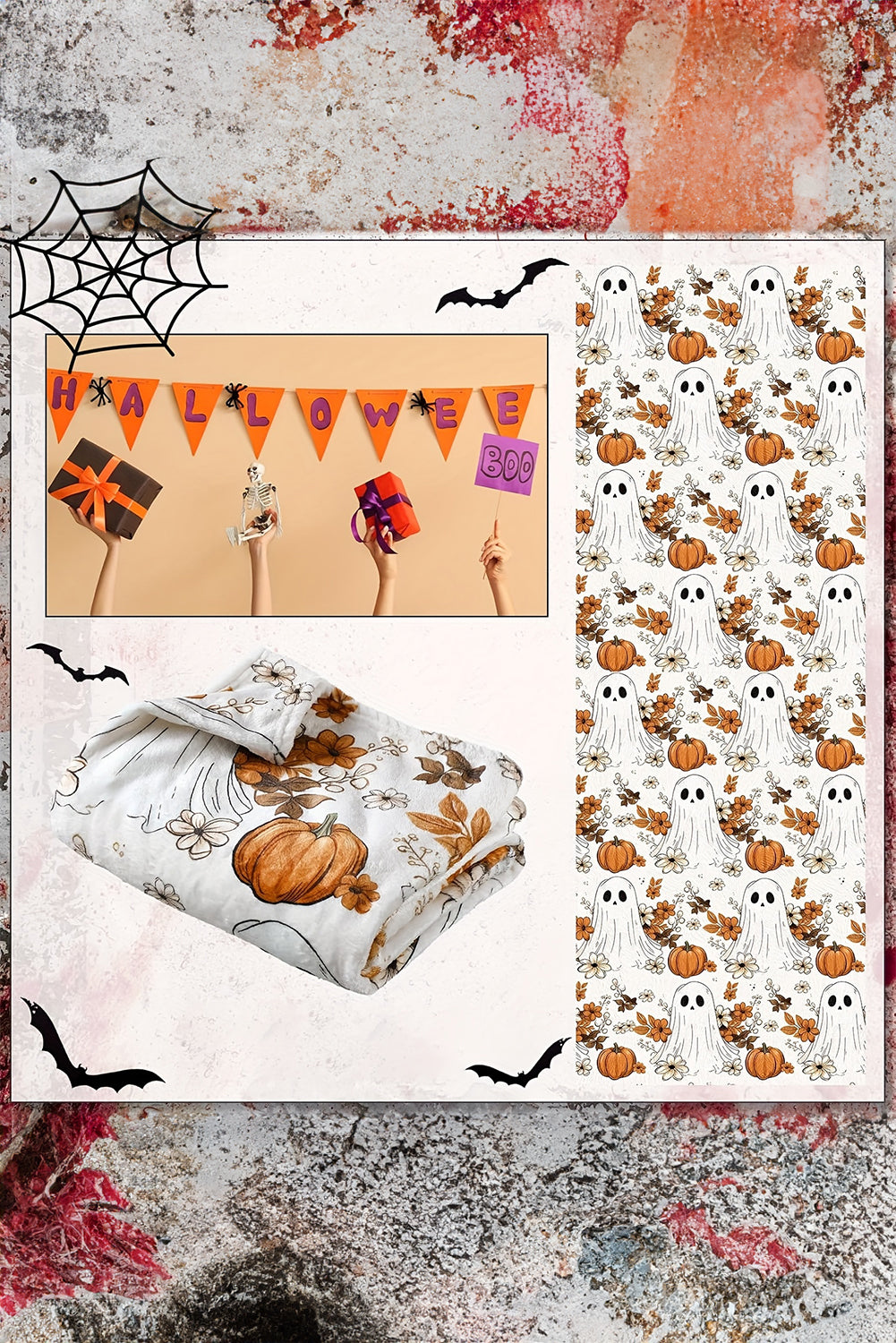 Orange Halloween Ghost Pumpkin Print Fleece Throw Blanket