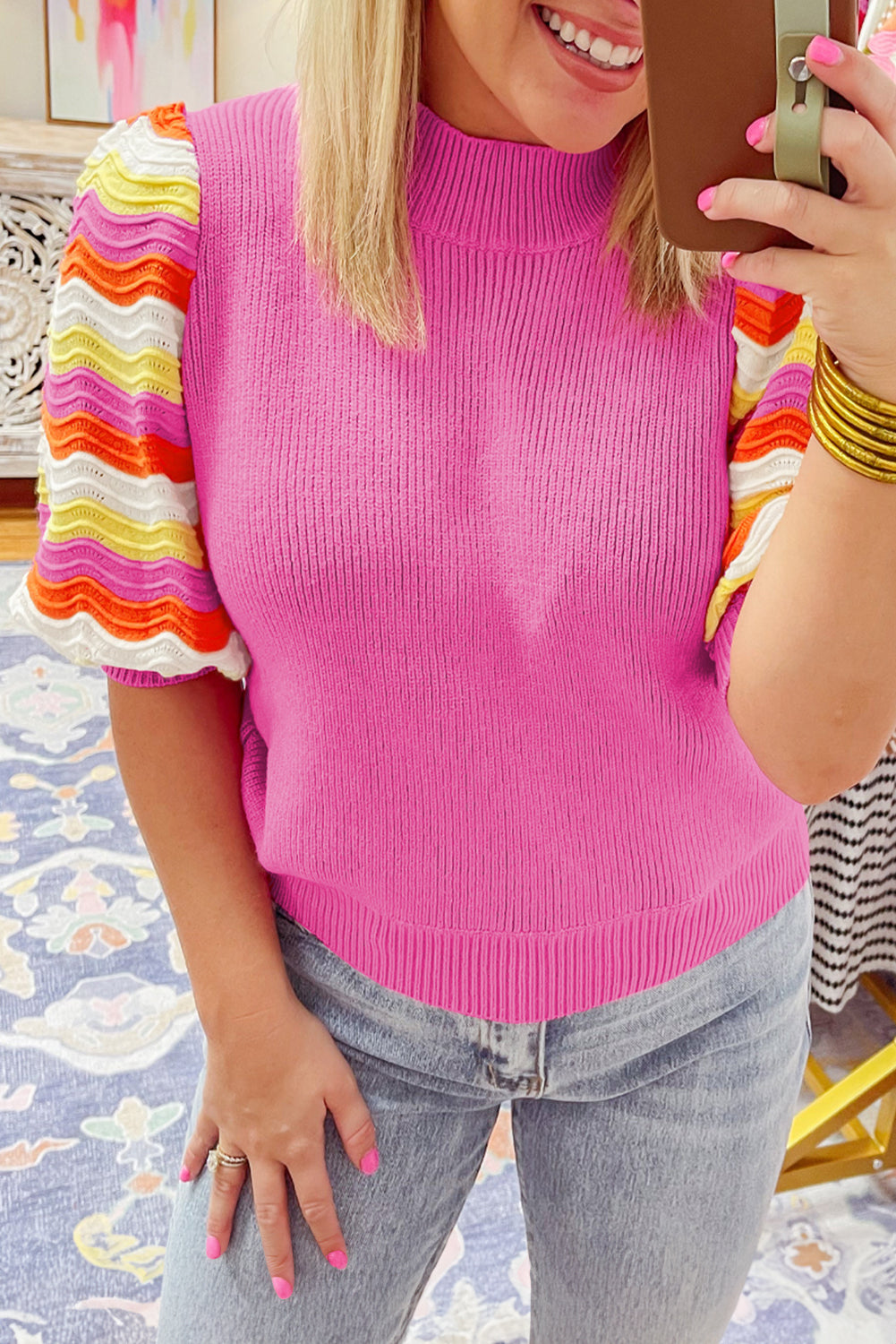 Pink Ribbed Knit Contrast Sleeve Sweater Top